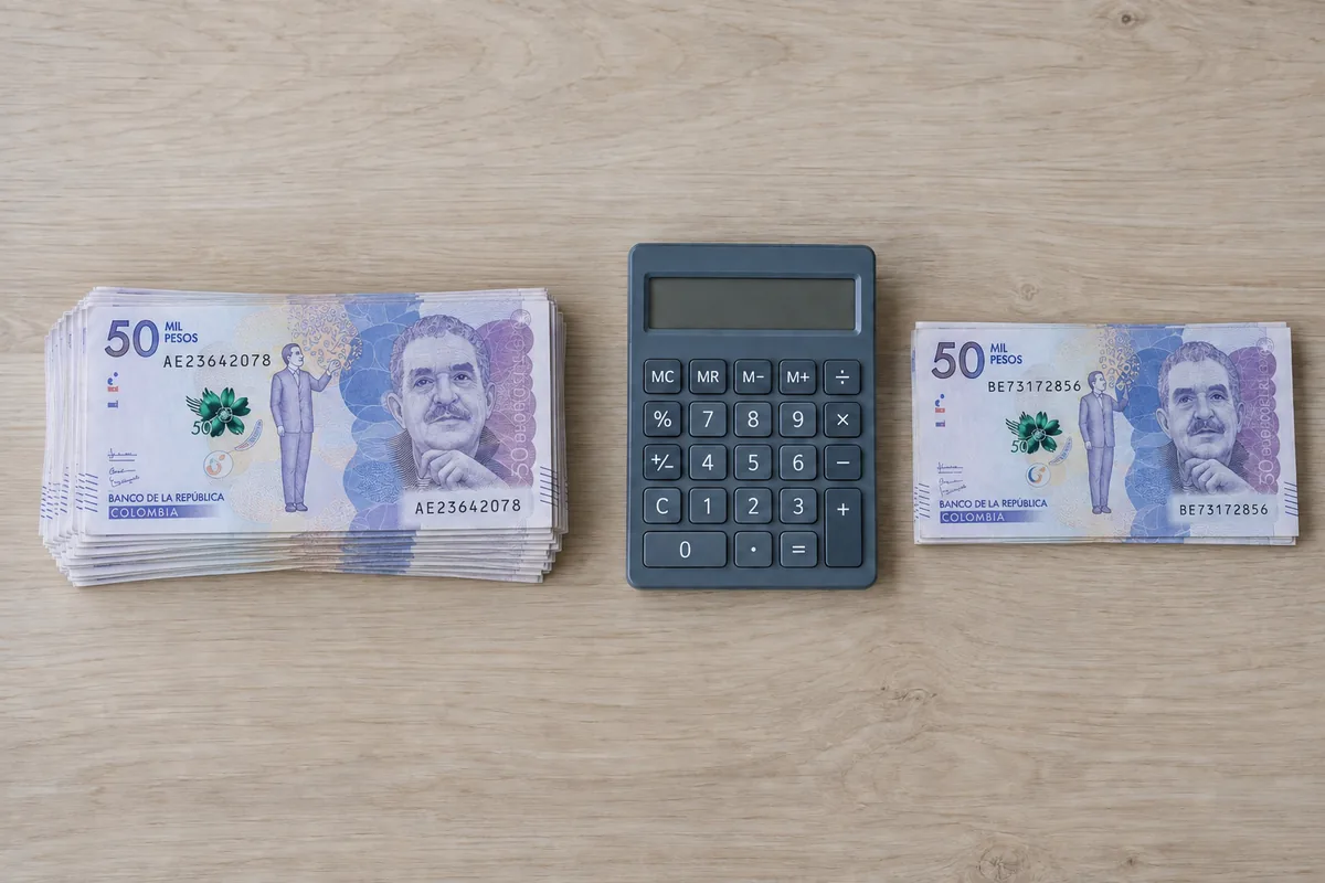 Billetes colombianos separados en dos montones sobre un escritorio: uno grande para el propietario y uno pequeño para la comisión, el IVA y el seguro