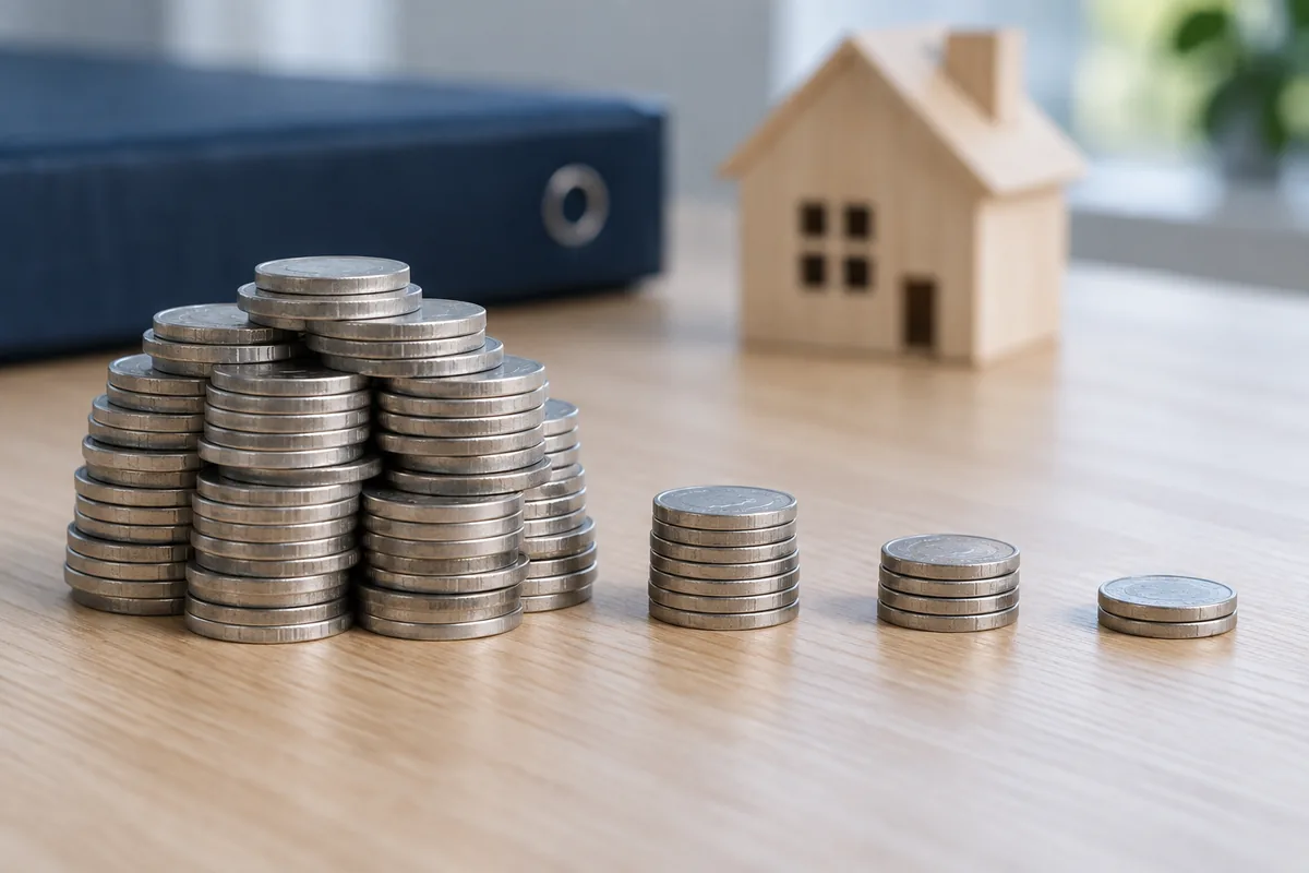 Cuatro pilas de monedas de distinto tamaño junto a una casa en miniatura: la pila grande es lo que recibe el propietario y las tres pequeñas, la comisión, el IVA y el seguro