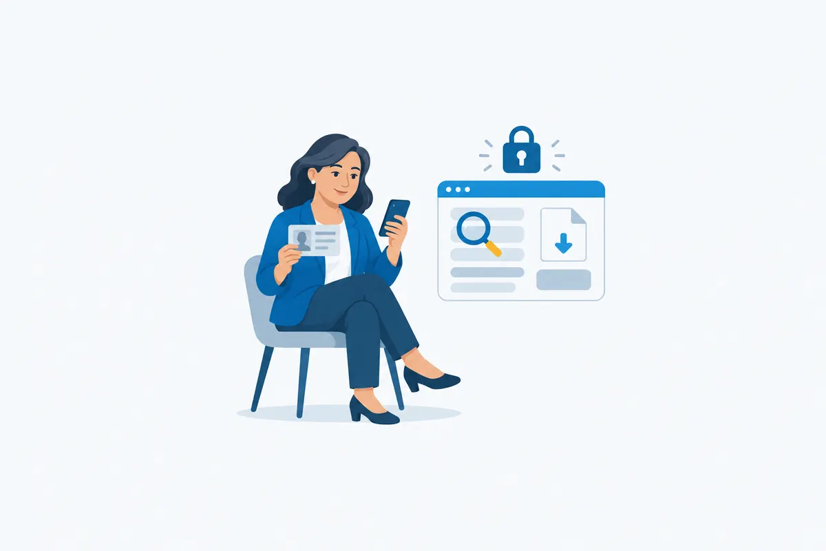 Mujer consulta un registro oficial en el celular con su documento de identidad genérico en la mano