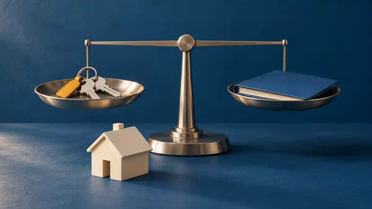 Balanza con llaves en un plato y una carpeta azul en el otro, junto a una maqueta de casa, sobre fondo azul